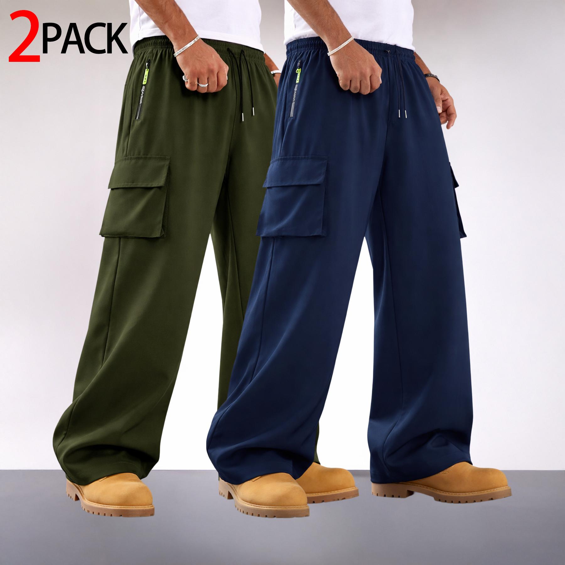 2 Pack Mens Cargo Pants Wide Leg Drawstring Multi Pocket Streetwear Utility Trousers Loose with Zipper Pocket and Large Flap Cargo Pockets for Casual Commuter Outdoor Wear and Relaxed Daily Outfits