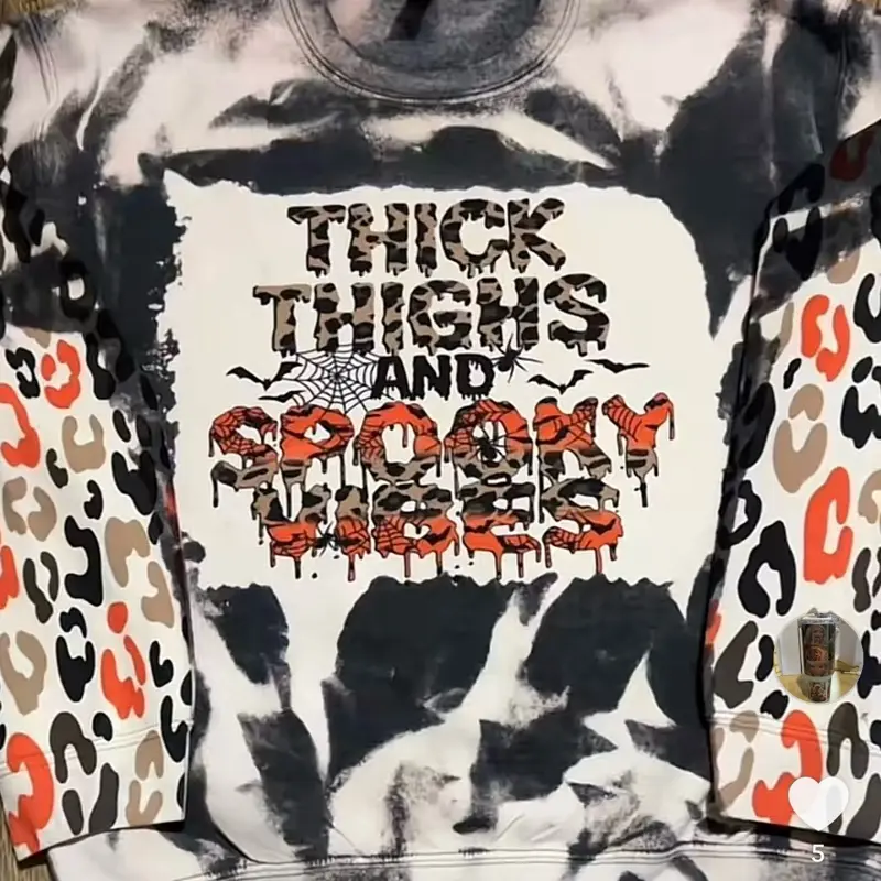 Bleached Crewneck Sweatshirt with Thick Thighs Print and Spooky Vibes Design