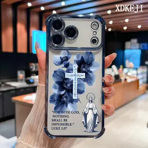 Blue Floral Cross Bible Quote Pattern Four Corner Anti-Fall Phone Case Transparent Electroplated Protective Cover for iPhone 17 Pro Max Air 16 15 Plus 14 13 12 11