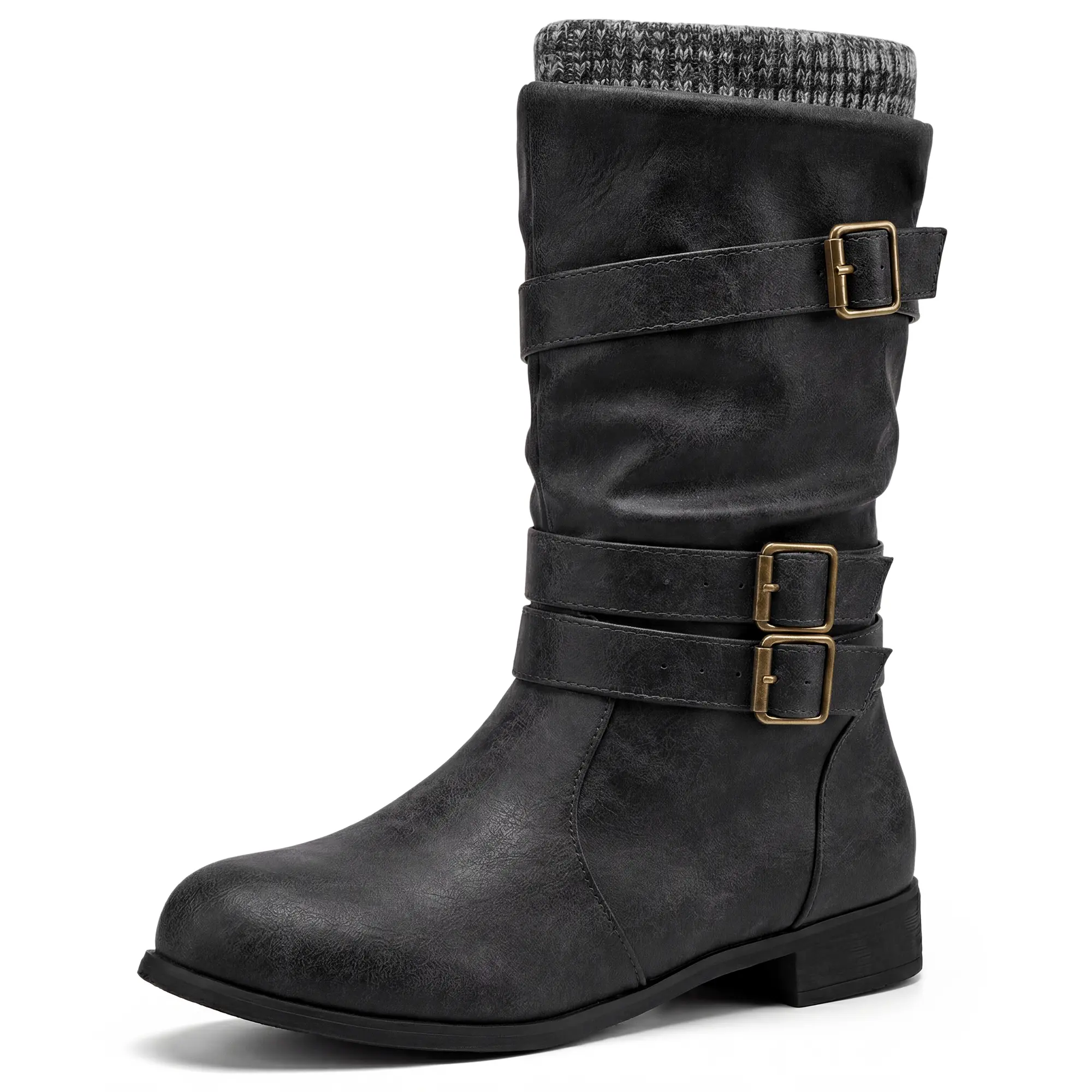 BLISSFUL STEP Women's Fashion Knight Boots Slip-on Winter Mid-Calf Boots