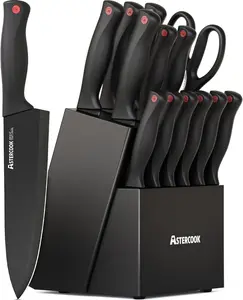 Knife Set, Astercook 15 Pieces Knife Sets for Kitchen with Block, Dishwasher Safe Kitchen Knife Set with Built in Sharpener Block, German Stainless Steel Kitchen Utensils Set