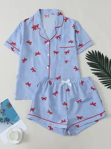 Women's Blue Striped & cute bow Print Pajama Set, Short Sleeve Shorts, Soft Comfortable Homewear, Casual All Seasons Sleepwear