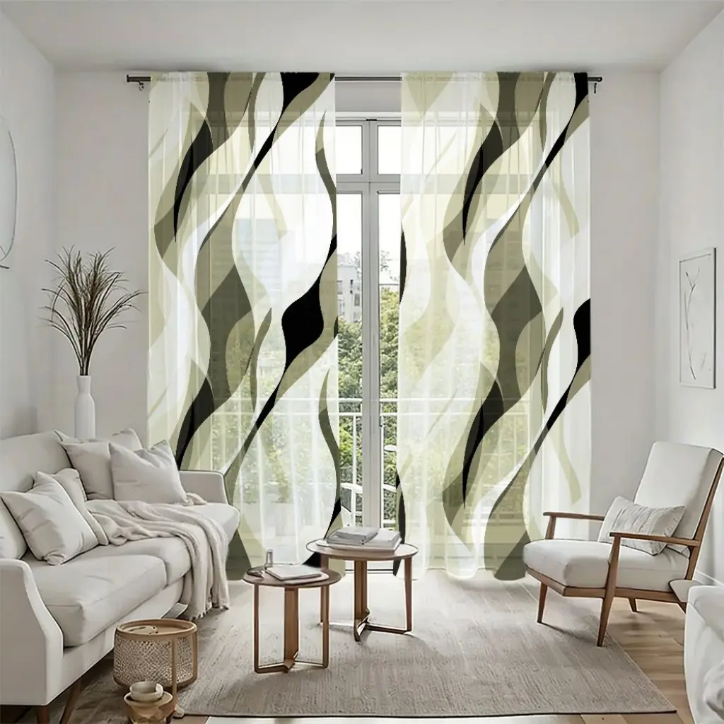 2Pcs Modern Geometric Pattern Sheer Curtains, Abstract Wave Print Semi-Transparent Window Drapes, Easy Install Rod Pocket Panels for Living Room Bedroom Decor, Light Filtering Treatments, Home Essentials, Durable Coverings.