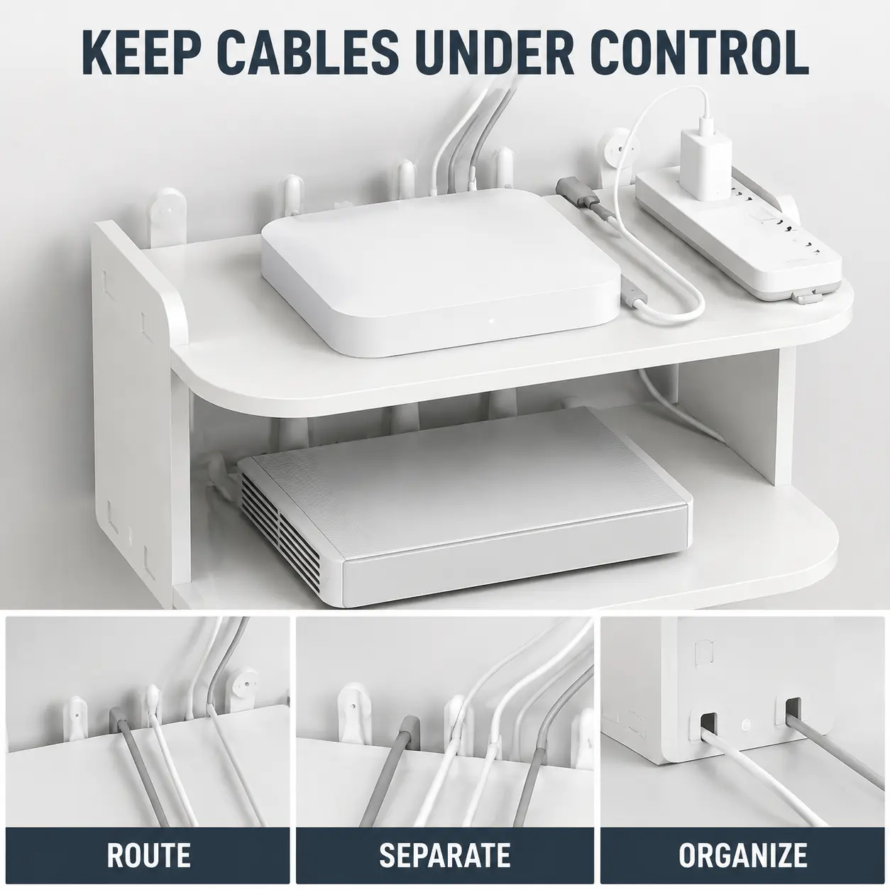 2-Tier Wall Mounted Router Shelf with Cable Management, Space-Saving Storage Organizer for WiFi Router, Modem, Cable Box, Streaming Devices, Remotes and Power Strips, White