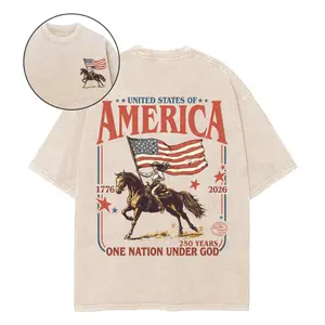 United States of America 1776–2026 T-Shirt | Vintage Cowgirl Horse Graphic Tee | America 250 Years Patriotic Oversized Washed Shirt for Women Men