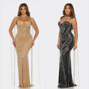 Luxury Rhinestone Mesh Evening Gown – Sparkling Mermaid Maxi Dress with Cape Detail