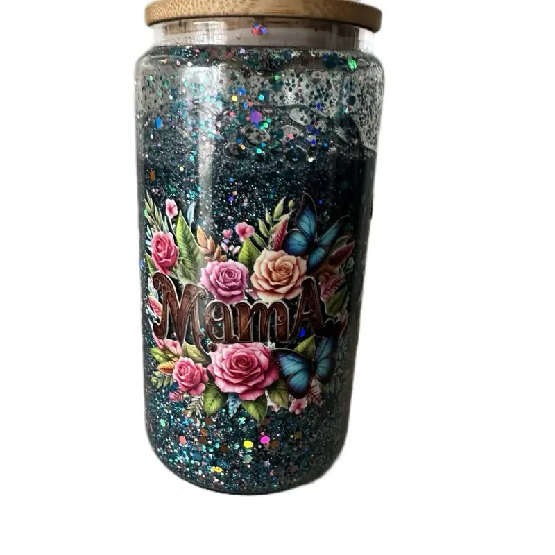 Glass Snow Globe Turquoise Glotter Mama Cup - Decorative Drinkware with Decorative Flower Design and "MAMA" Text - Glass