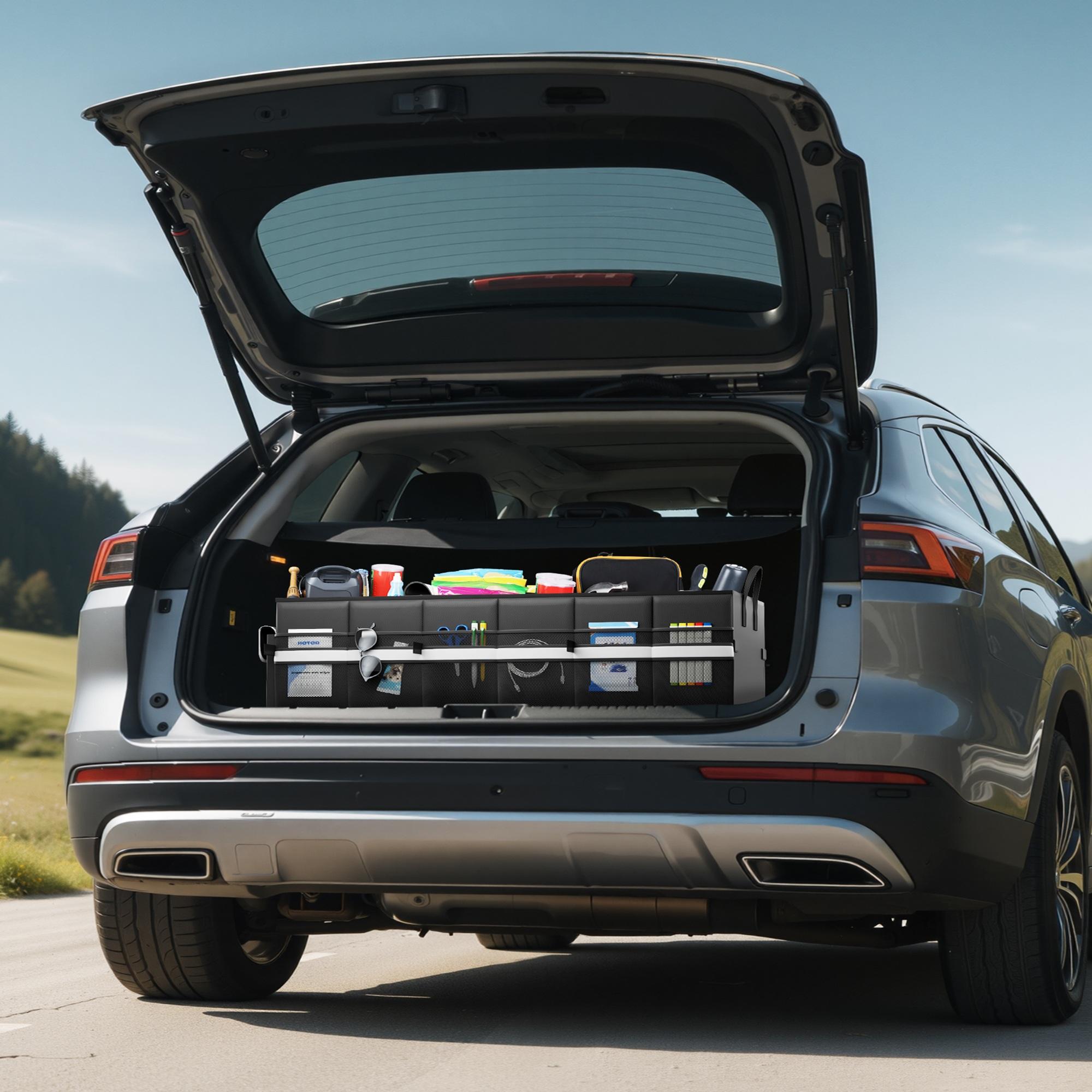 3 Compartment Car Trunk Organizer, Foldable Black Storage Box with Gray Edge, Built in Insulated Cooler Section with Ice Pack and Reflective Strip Design, Large Capacity Trunk Organizer for SUV, Sedan, Grocery, Tools and Travel Essentials