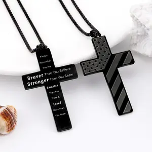 Men's American Flag/Soccer/Football Cross Necklace, Black Stainless Steel Cross Bible Verse Pendant Chain 22+2 Inches, Communion Baptism Religious Graduation Gifts for Him