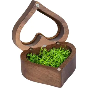Heart Shape Wooden Ring Box, Walnut Wedding Ring Box with 2 Slots, Small Proposal Ring Case Box Moss Inner Core for Wedding Ceremony Proposal Engagement (Moss)