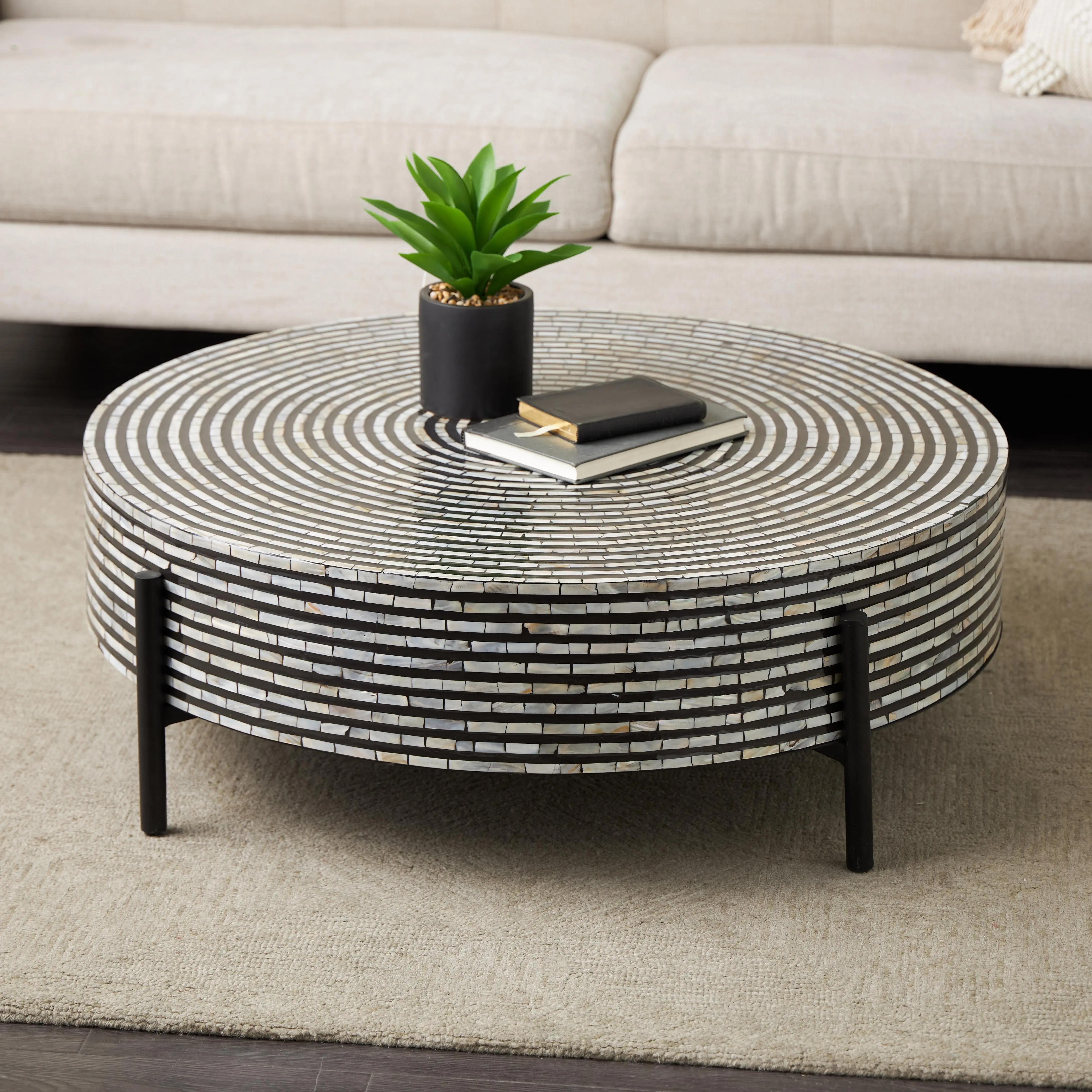 Handmade Craft Geometric Shell Mosaic Inlay Living Room Coffee Table - Gray Mother of Pearl Shell, Black Metal Legs, Contemporary Home Decor, 38x38x12 in, Geometric Look Indoor Furniture Table
