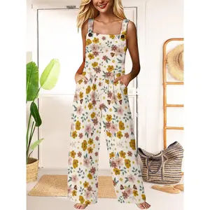 Womens Off White Base Yellow And Pink Floral Print Spaghetti Strap Wide Leg Jumpsuit With Side Pockets Soft Lightweight Casual Loose Fit Cottagecore Beach Vacation Overalls