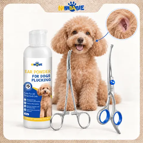 Dog Ear Hair Removal Kit – Ear Powder, Safety Round Tip Scissors & Locking Tweezers – At-Home Grooming Set for Hair Plucking, Wax Removal & Odor Control – Ideal for Poodles & Doodles