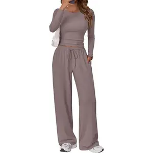 Women’s 2-Piece Matching Loungewear Set – Long-Sleeve Cropped Sweatshirt and Wide-Leg Pants, Casual Tracksuit