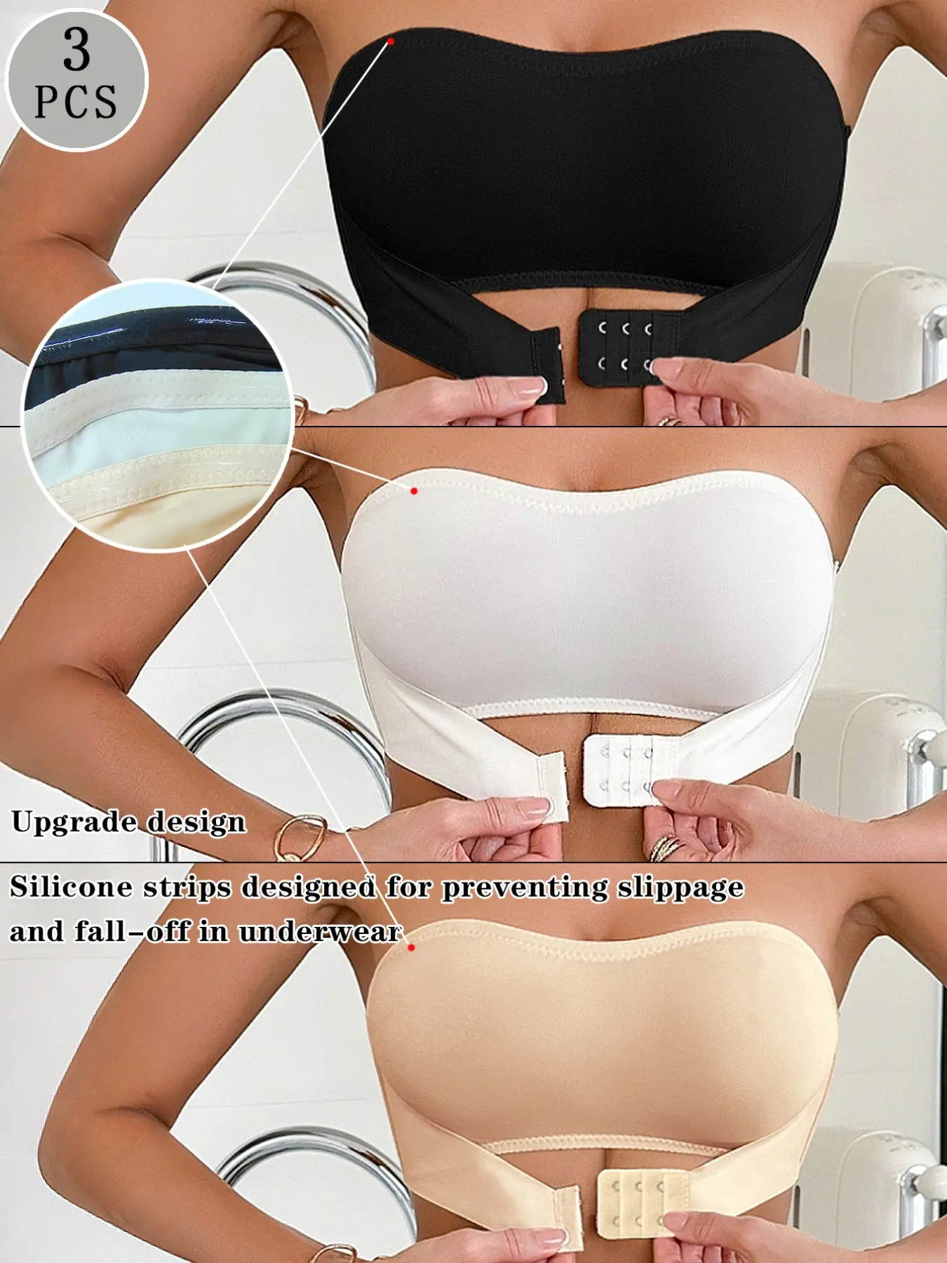Women's 3-Pack Strapless Non Wired Bra, Full Coverage, No Cup Padding, Plain Color, Front Buckle, Easy Wear, Anti-Slip, Cool Comfort, Elegant Underwear