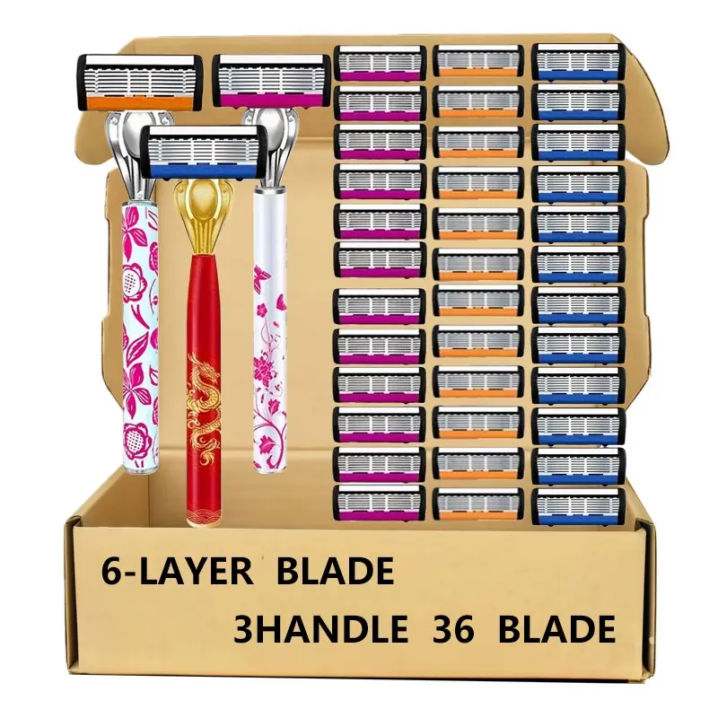 6-Layer Razor Kit for Men & Women, Includes 36 Sharp Replacement Blades & 3 Handle. Comfortable & smooth for daily shaving, ideal for head shaving, bikini trimming and Body Grooming. Shaving Tool