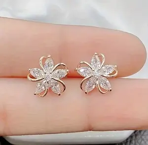 Simple And Elegant Earrings Set, Suitable For Parties And Daily Wear Elegant Rose Gold Cubic Flower Earrings - Fashionable And Vintage, Stainless Steel Hook, Suitable For Daily Wear Or As A Gift For Women And Sisters, Chic Earrings