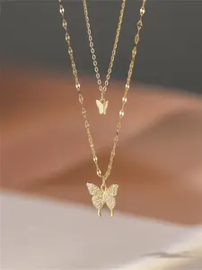 Rhinestone Decor Butterfly Double Layer Necklace, Layering Jewelry, Alloy Material, Perfect Gift for Girlfriend, Elegant Jewelry Piece
