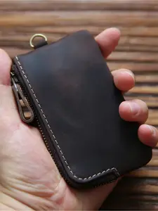 Genuine Leather Key Wallet For Men Male Real Cowhide Vintage Handmade Small Key Bag Case Holder Organizer Housekeeper Vintage Style Wallet Leather Zipper Wallet