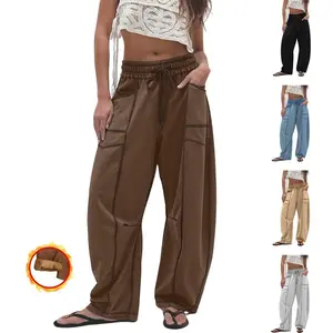 WomensWarmFleeceLinedBarrelSweatpantsWideLegBaggyLoungePantsCasualBottomswithDrawstringandPocketsforWinterLateFallDaysandEarlySpring