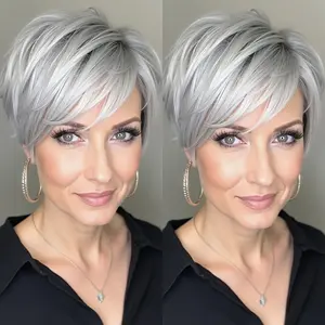 6 Inch Short Pixie Wig with Bangs, Chic Gray & Light Brown Mixed Real Human Hair, 150% Density Machine Made Wig, Breathable Rose Net Cap, All-Day Comfort & Long Service Life, Sleek Straight Texture