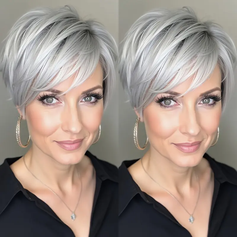 Short Pixie Cut Human Hair Wig with Bangs for Women, 6-Inch Silky Straight Style in a Gray & Brown Mix, 150% Density Long-Lasting Breathable Mesh Cap, Chic Gray