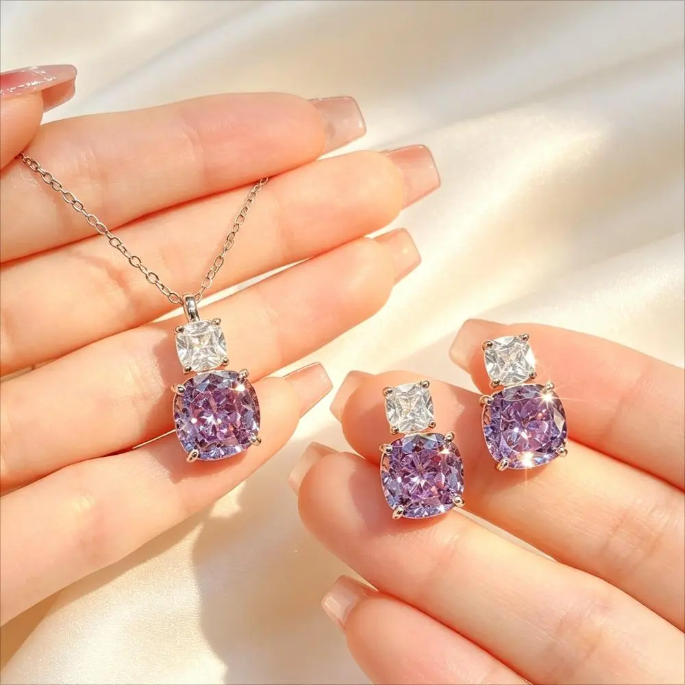 Female 2-Piece Basic Simulated Gem Jewelry Set - Elegant Purple/Pink Stone Pendant Necklace & Matching Stud Earrings, Ideal Gift for Bridal, Daily Use
