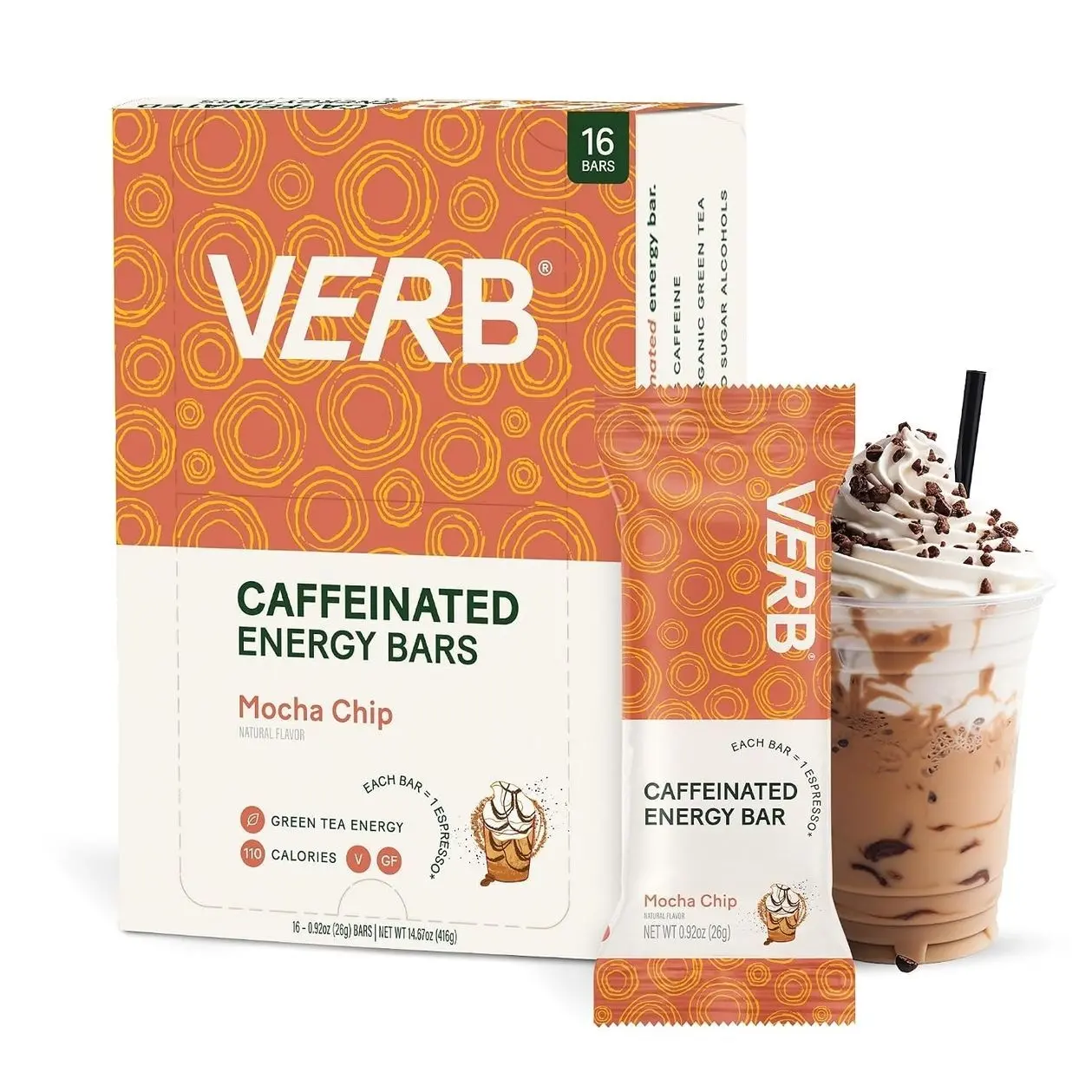 Verb Caffeinated Energy Bars Mocha Chip (26g, Pack of 16) 110-Calorie Delicious Low Sugar Energy Bar - Vegan Gluten Free On-the Go Snack with 80mg Green Tea Caffeine, Only Real-Food Ingredients