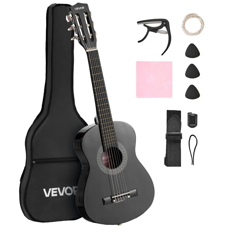 【Summerfinds】VEVOR 30-Inch Basswood Classical Guitar Starter Kit for Beginners, Nylon Strings, Gig Bag, Strap, Tuner, Extra Strings, Picks, Capo, Black, Father's Day Gift for Boys, Girls, Students, Stringed