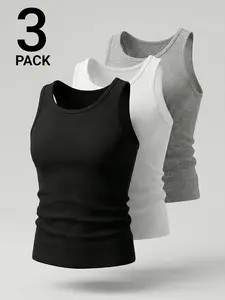 Men's 3-Pack Ribbed Workout Tank Tops | 3 pack men tank | Lightweight & Elastic Material | Reinforced Stitching for Durability | Ideal for Fitness, Loungewear & Summer Outfits | Must-Have Multipack Wardrobe Piece