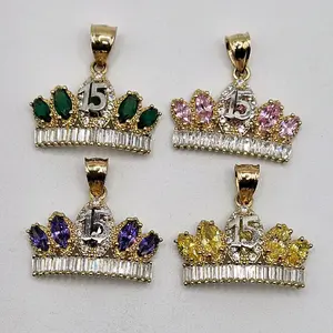 14k Solid Gold Dije de 15 años Crown Pendant 25.6mm Long