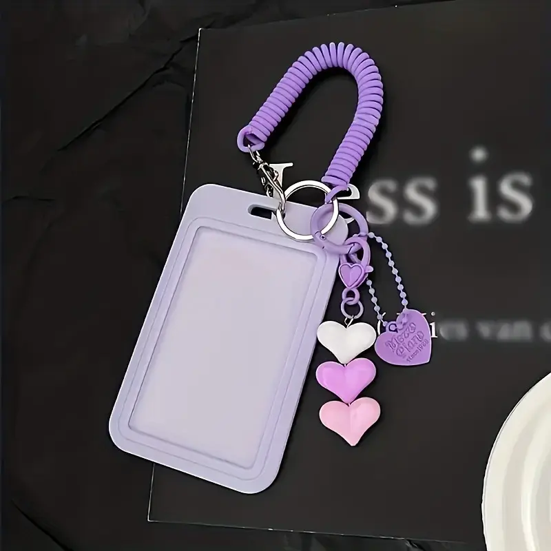 Durable ABS Card Holder Keychain with Cute Heart Pendant and ID Badge Ring | Snap-on Credit Card Wallet for Students, Nurses, Travelers - Lightweight ID Card Holder in Yellow/Purple - Versatile Gift Accessory (No Text Design)