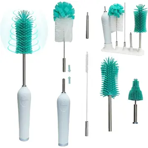 Electric Baby Bottle Brush With Holder, Stainless Steel Automatic Cleaner With Extension Handle, Sponge, Silicone Water Cleaner, Nipple and Straw Brush - Green