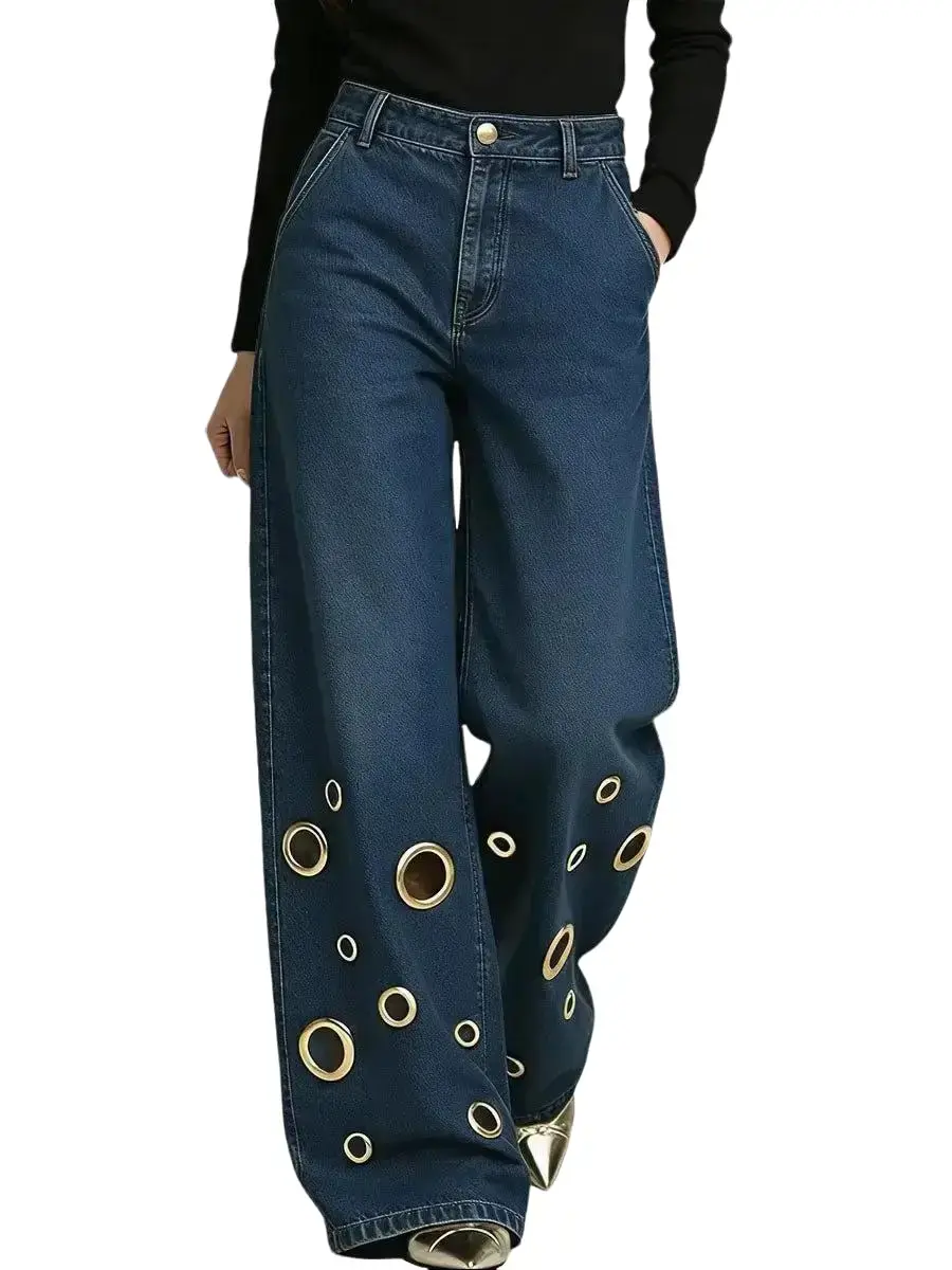 Women's Dark Washed Denim Jeans - High Waisted Bohemian Oversized Baggy Wide Leg Streetwear Pants with Button-Fly, Stylish Casual Women's Wear Bottoms