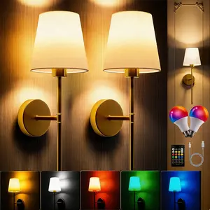 2-Piece USB Rechargeable Fabric Wall Lamp, Luxury, Wire-Free Battery Powered, RGB Bulbs, Remote Control, Adjustable Lighting, Multifunctional Lighting