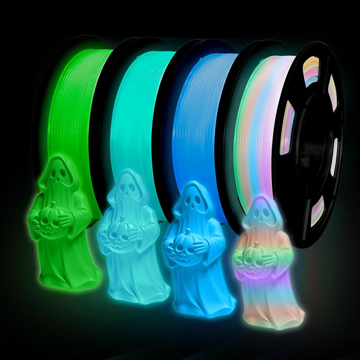 Glow-in-the-Dark PLA Filament 3D Printing Supplies (Basic Version No. 1, 4-Color Assortment, 4*250g/1000g), 1.75mm High-Precision Filament for Smooth Prints, Compatible with FDM 3D Printers (Bambu Lab, Creality, Elegoo) for Halloween Props, 3D Printer Fil