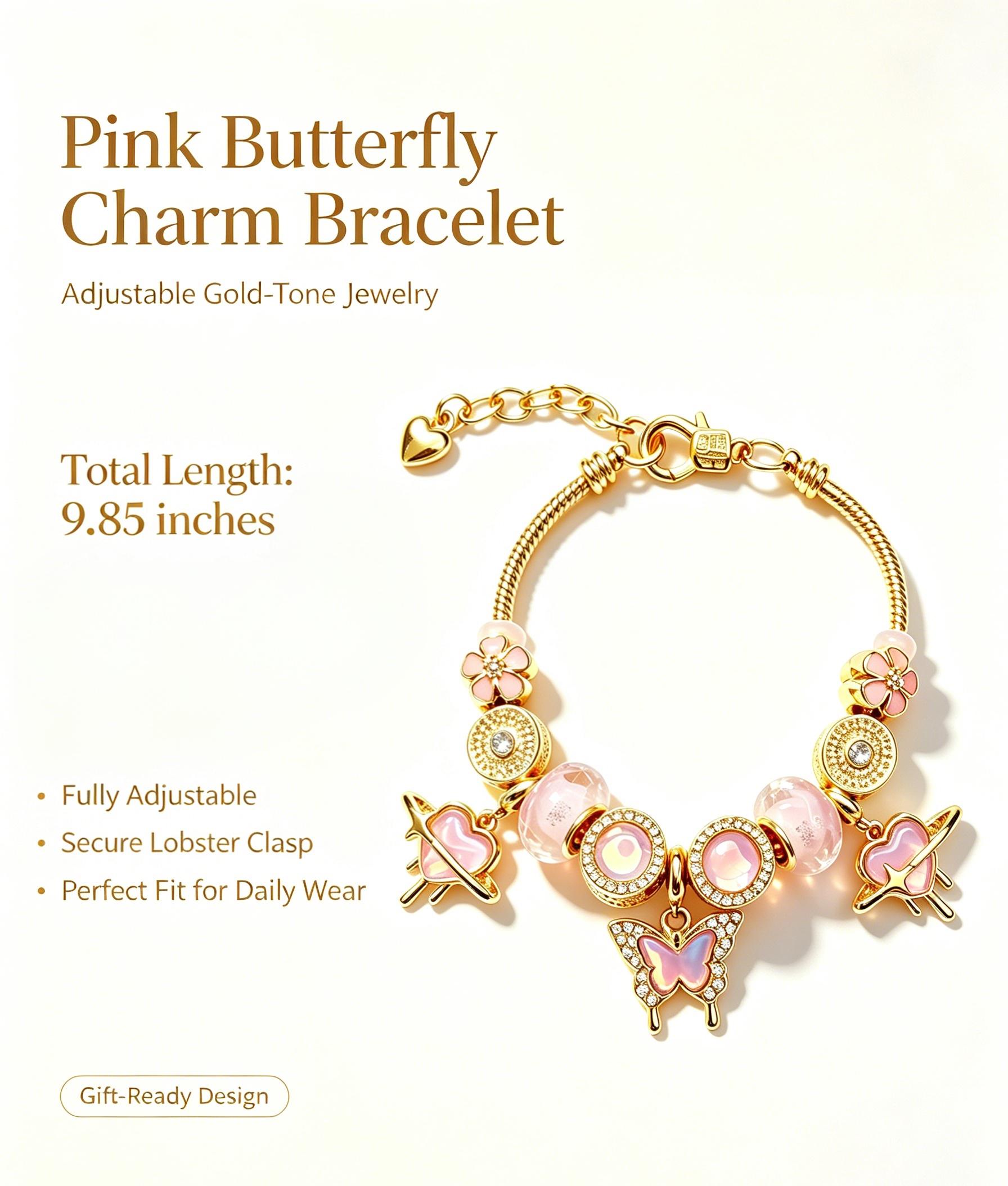 Dreamy Pink Butterfly Charm Bracelet: Sparkling Heart & Flower Gold Chain Bangle - Romantic Jewelry Gift for Her