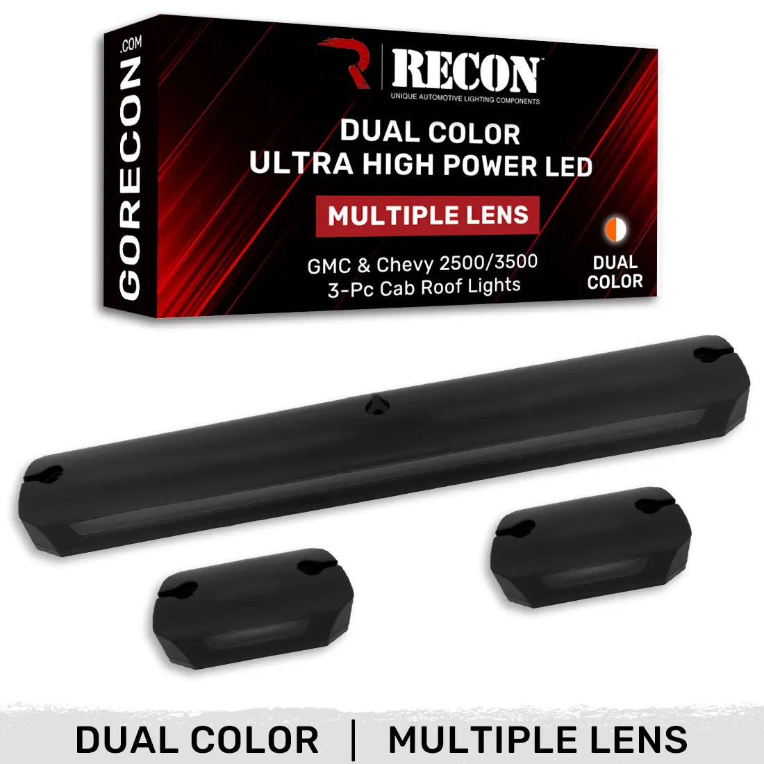 RECON GMC Sierra & Chevy Silverado 2500, 3500 2007-2014 Heavy-Duty 3-Piece Cab Roof Lights Kit Ultra-High Power Dual-Color Amber or White LED Function - Smoked or Clear Lens