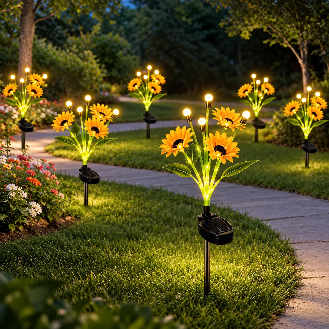 Outdoor Solar Firefly + Sunflower LED Garden Lights, 2/4/8 Pack, Waterproof Stake Decorative Lamps with Automatic Dusk-to-Dawn Lighting, for Yard, Lawn, Camping, Pathway, Mood Lighting & Halloween Decor，Sohochic