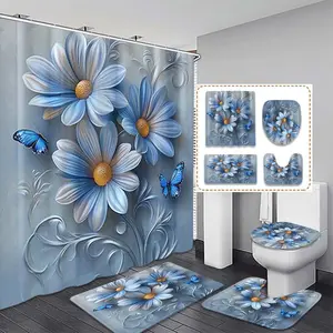 Blue Daisy Pattern Bathroom Set, Includes Bath Mat, Toilet Lid Cover, U-Shaped Pad, High-Quality Shower Curtain, Non-Slip Floor Mat, Bathroom Decoration Accessories
