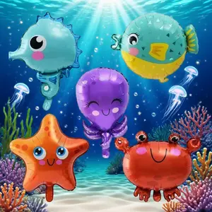 1 set of aluminum foil balloons for sea animals, including crab, starfish, fish tail, seahorse, and octopus foil balloons, suitable for underwater themed parties and birthdays, and can be used without power supply
