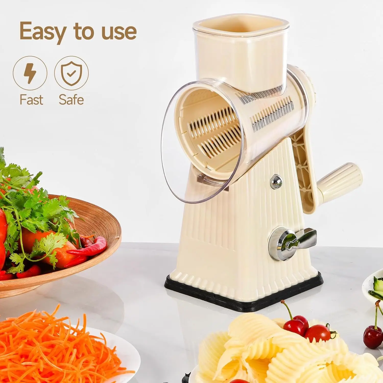 Stainless Steel Multifunction Rotary Cheese Grater with 5 Blades - Manual Kitchen Utensils for Cheese, Potato Chopping, Vegetable Slicing
