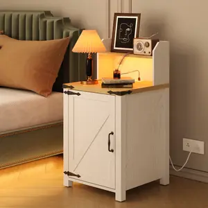 Nightstand Farmhouse Bed Side Table with LED Light Strip and Charging Socket End Table Barn Door Style with Adjustable Storage Shelf, Wood Sofa Side Table for Living Room Bedroom