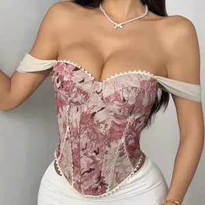 Pink Corset with Floral Pattern and Off-the-Shoulder Sleeves for Stylish Outfits