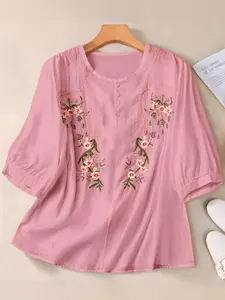 Women's New Floral Embroidered Round Neck Shirt, Loose-Fitting Casual, Large Size Fashion Top, Comfortable Daily Wear, Casual Boho Soft, Casual Boho Blouses