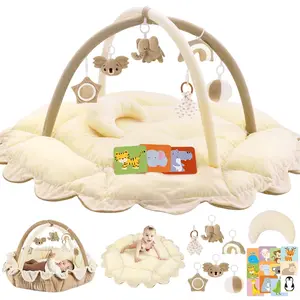 5-in-1 Plush Baby Play Gym, Tummy time mat, Play Mat, Baby Gym, Activity Mat with Convertible Gym and Pillow, 6 Sensory Toys, Play Center from Newborn to Toddler, Cream