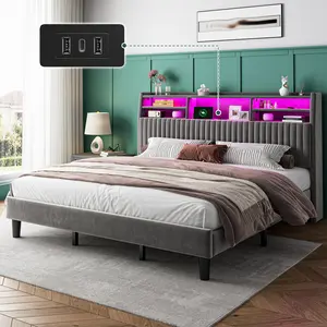 Raybee LED Bed Frame with Storage, Velvet Upholstered Headboard & Bookcase Compartment, LED Lights & Power Outlet, Luxury Platform Bed Frame for Full/Queen/King, Holds 700-900lbs, No Box Spring Needed, No Noise for Dormitory, Apartment, Guestroom