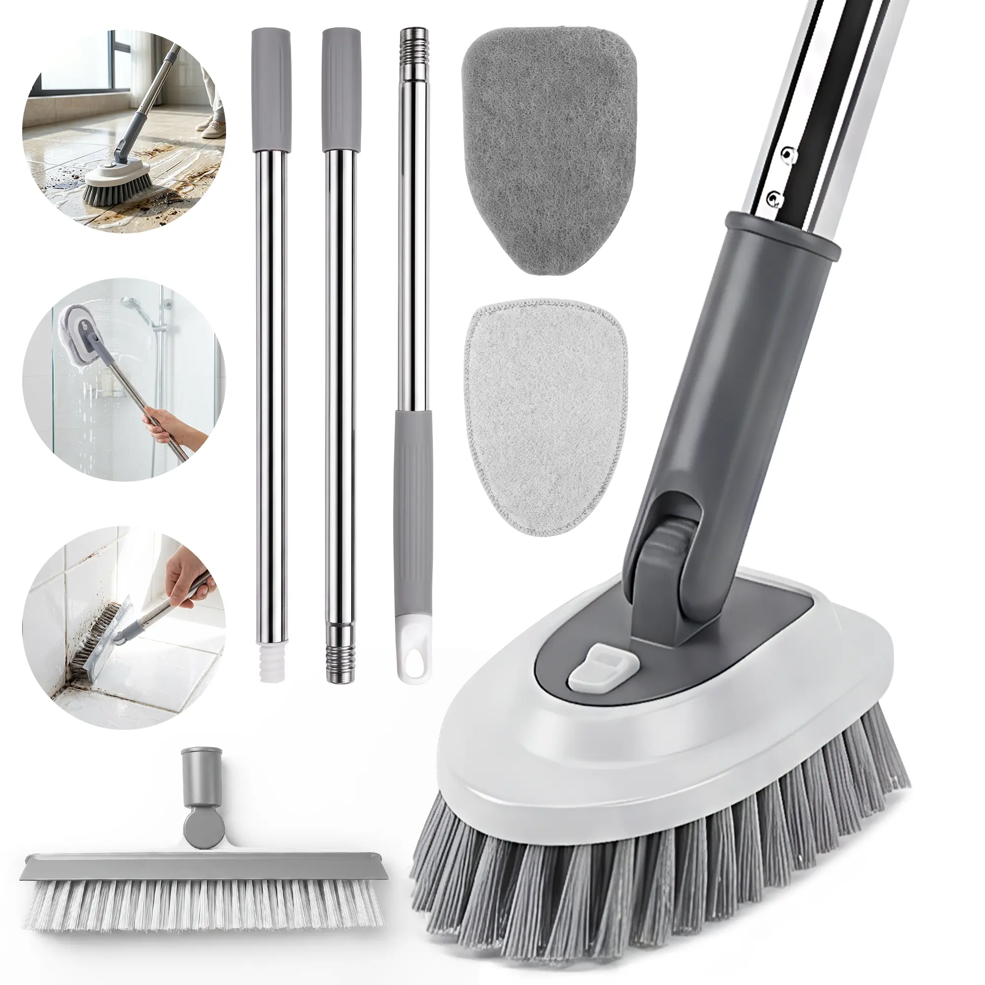 Floor Scrub Brush with Long Handle, 5 in 1 Scrape and Heavy-Duty Stiff Bristle Floor Scrubber Brush Broom with 4 Replaceable Heads for Cleaning