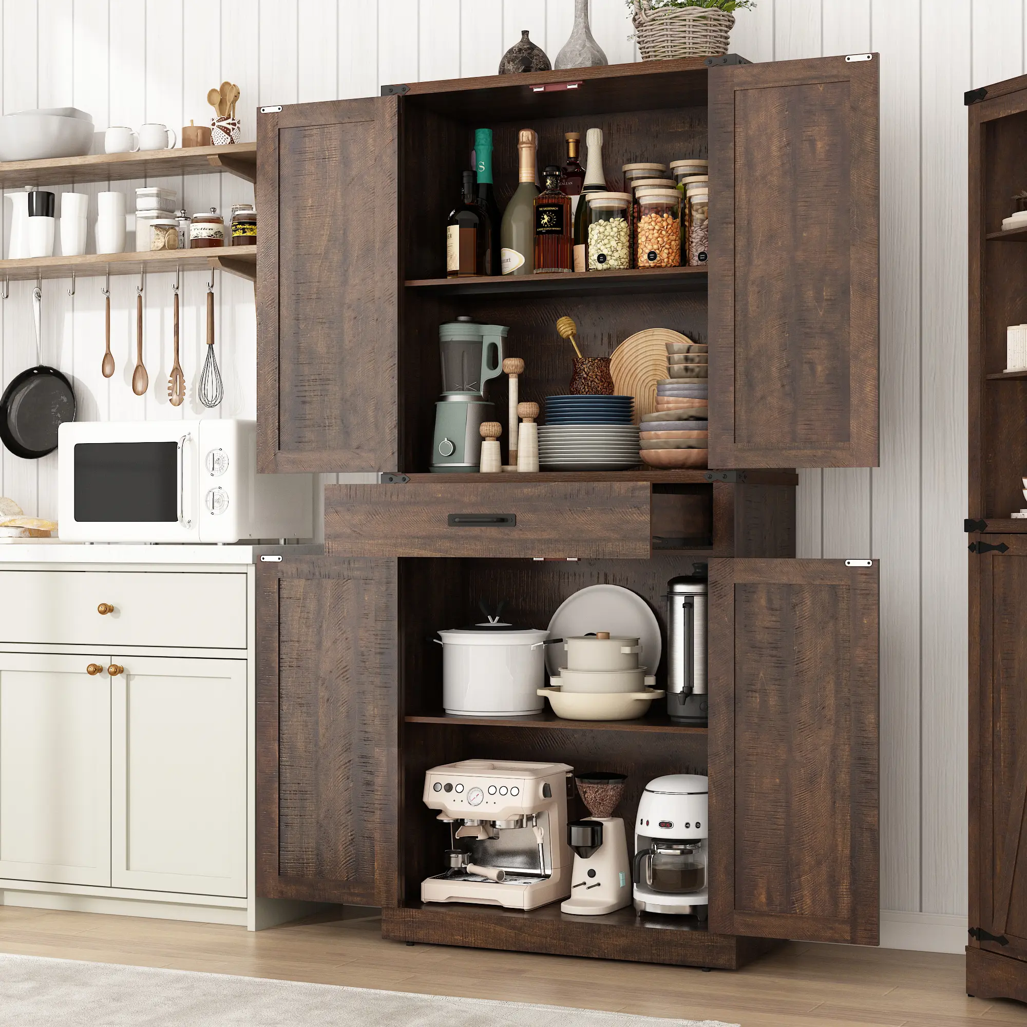 72" Tall Farmhouse Kitchen Pantry Cabinet with Drawer, Rustic Wood Cupboard Storage Cabinet w/Organizer and 4 Barn Doors, Storage Cabinet for Kitchen, Dining Room, Living Room, White/Brown