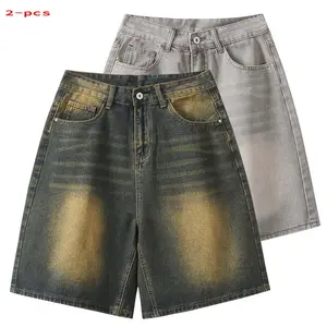 Men’s summer American vintage washed gradient distressed denim shorts—loose straight fit, mid-thigh length, streetwear trendy, versatile wide-leg design, comfortable casual style